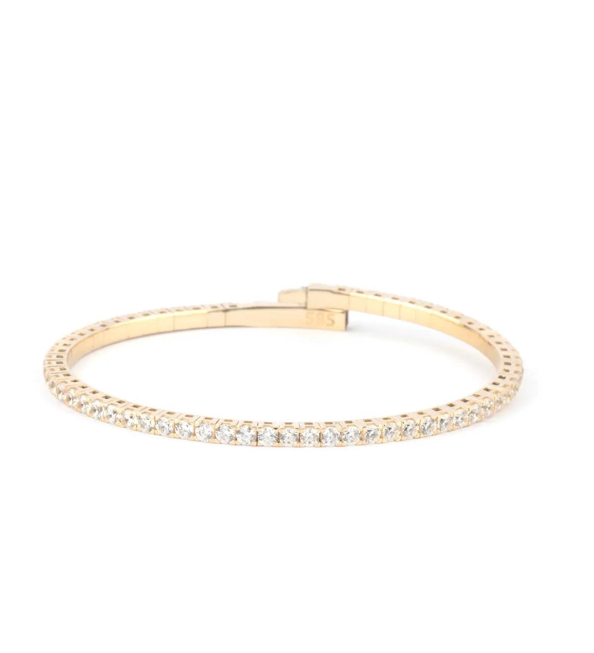 A refined gold diamond tennis bracelet with a secure clasp, displayed on a white background to highlight its brilliance.