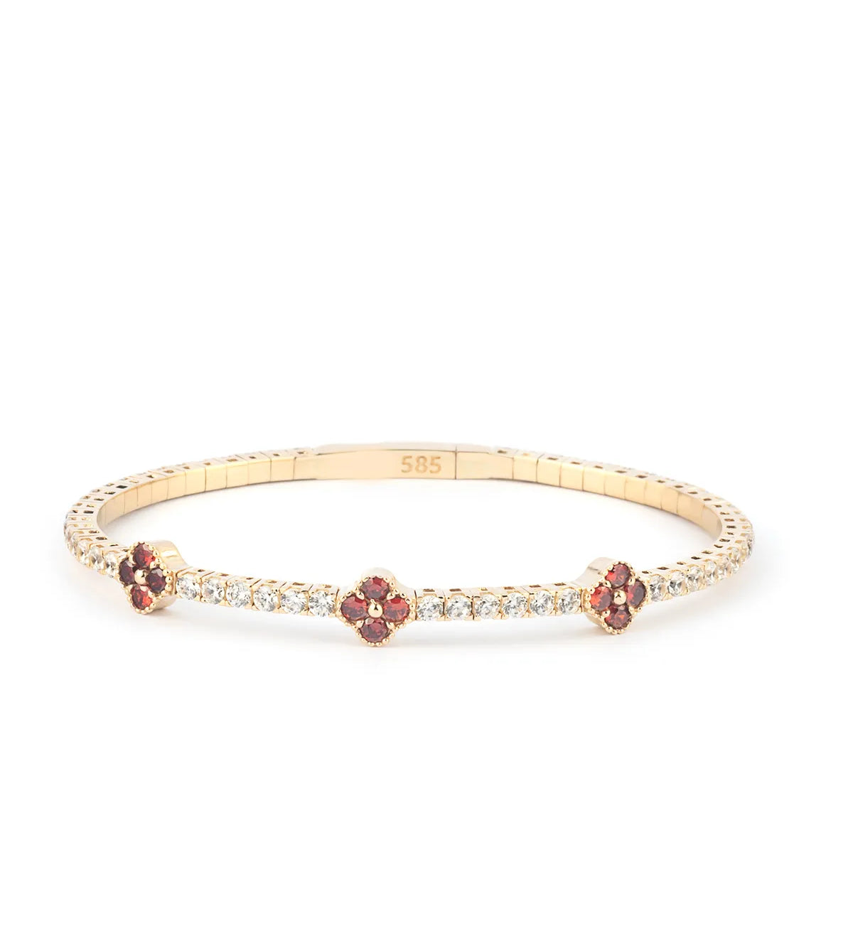 A luxurious 14K gold flexible bracelet featuring deep red ruby stones and sparkling moissanite diamonds, perfect for elegant women’s jewelry.