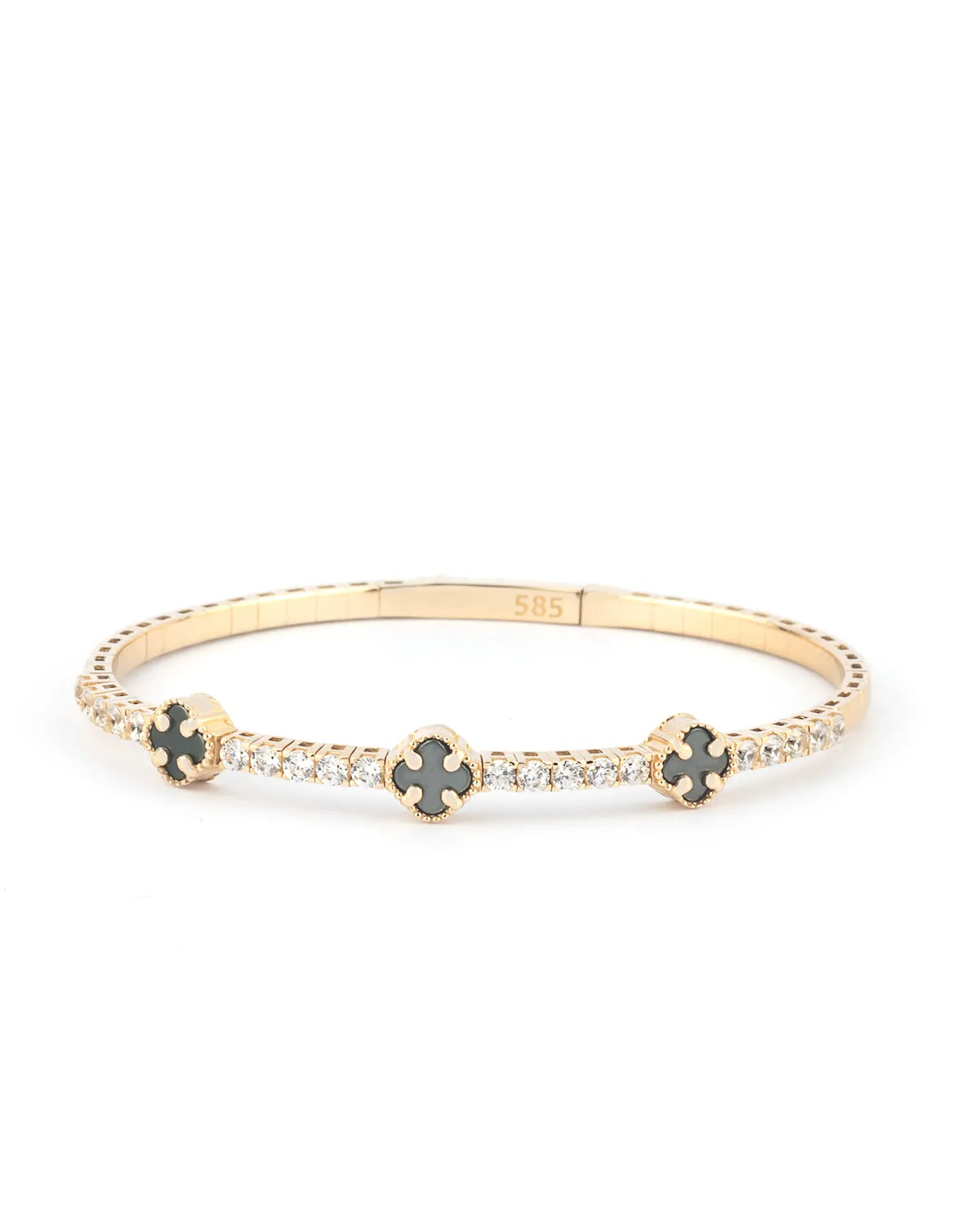 A luxury 14K gold bracelet with black onyx stones, designed with elegance and flexibility for an everyday chic style.