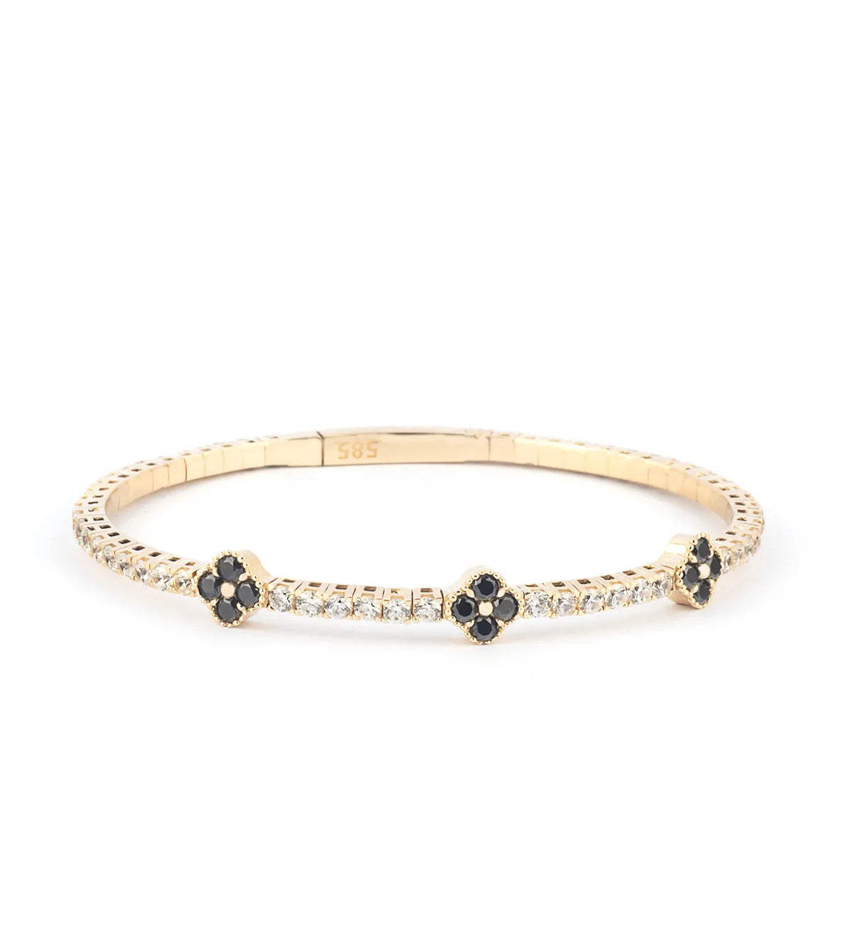 A flexible and stylish black onyx bangle bracelet made of 14K gold,3 clover bracelet