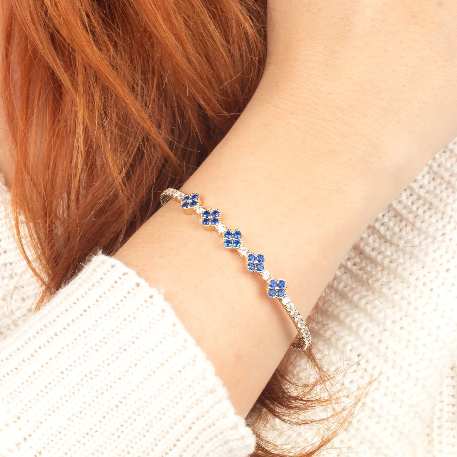 5 Sapphire Clover 14K Gold Tennis Bracelet 2 - My Jewelist