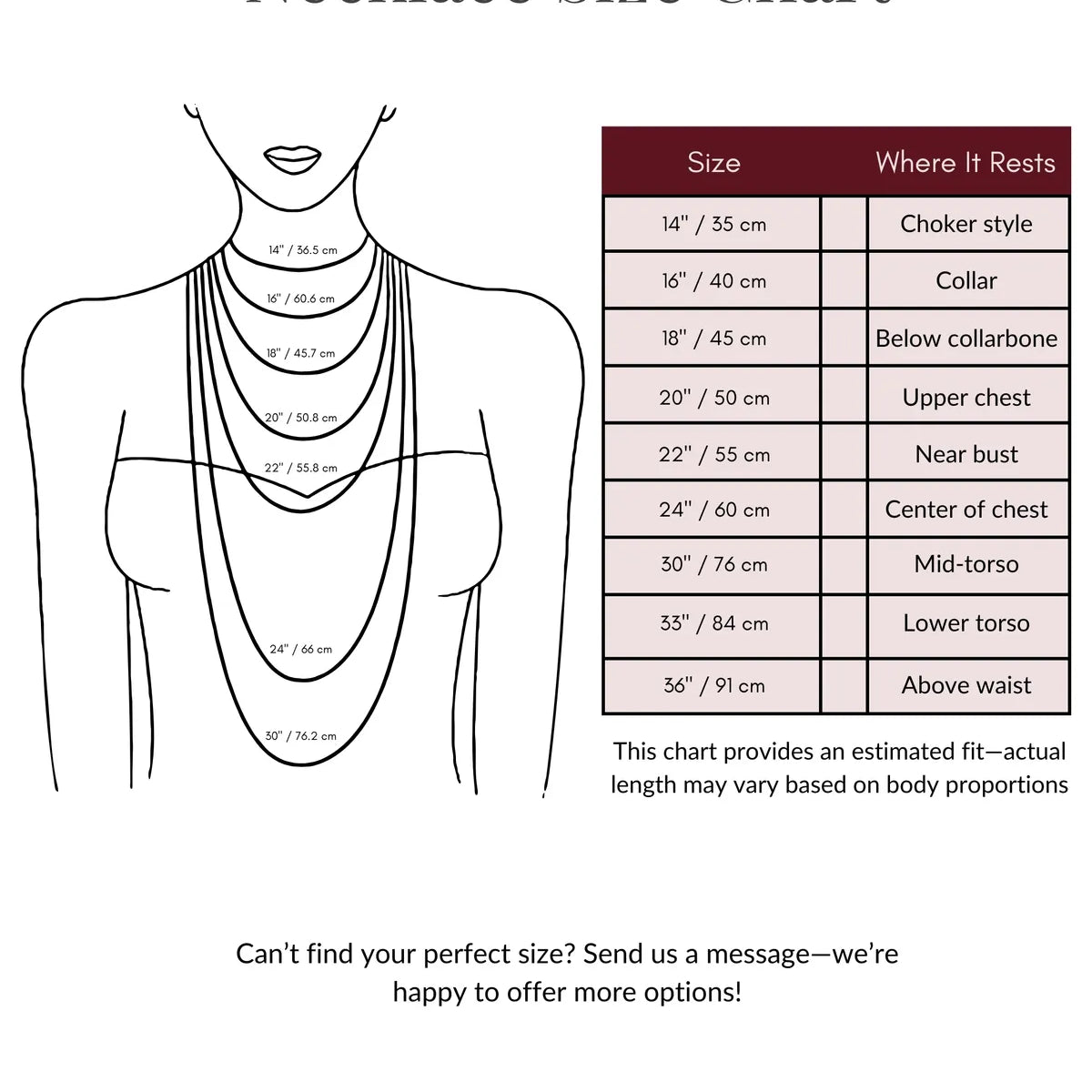 "Necklace size chart by MyJewelist illustrating necklace length measurements in inches and centimeters. Includes a visual guide showing where each size rests on the body, from choker style to long pendant lengths.