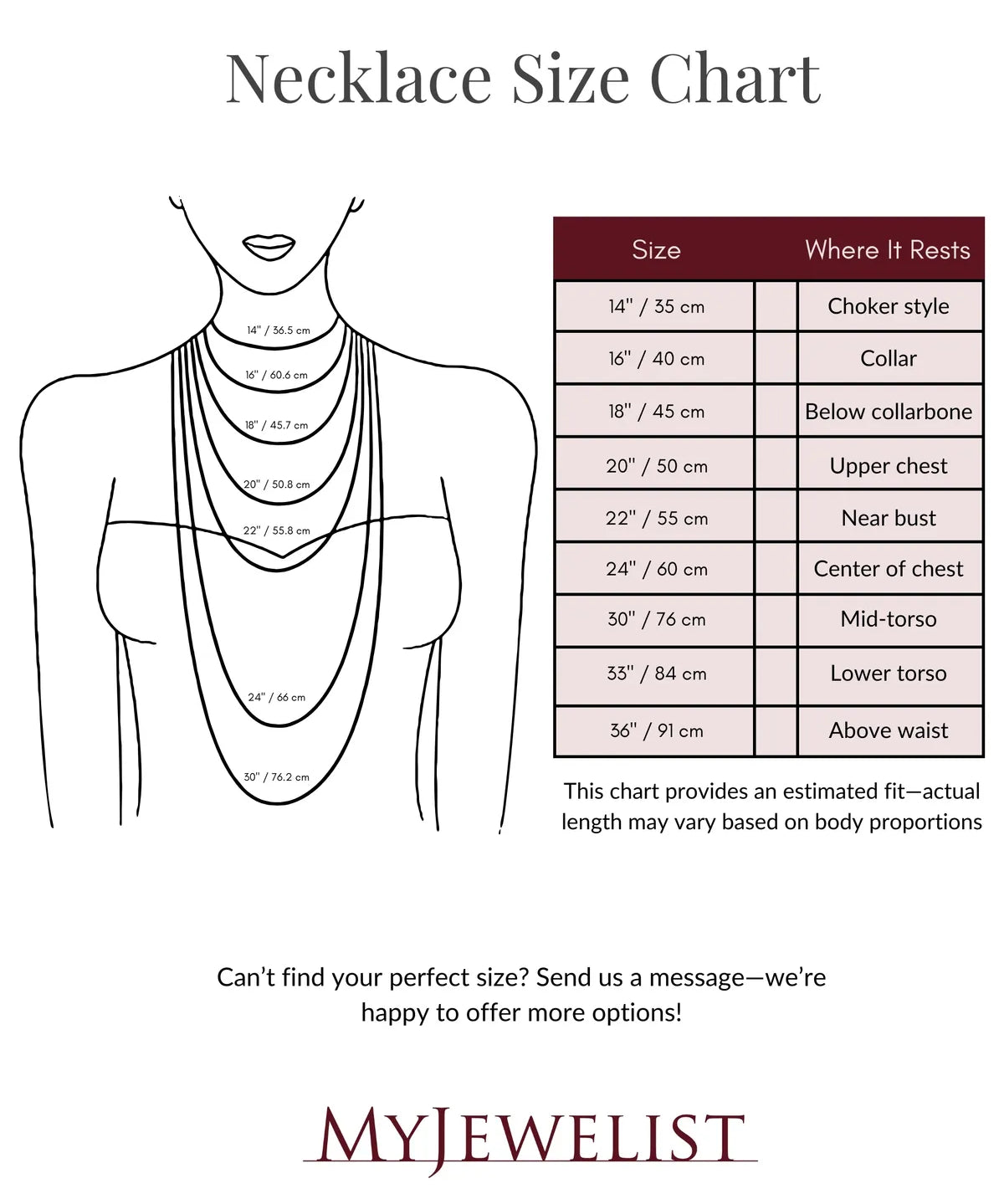 "Necklace size chart by MyJewelist illustrating necklace length measurements in inches and centimeters. Includes a visual guide showing where each size rests on the body, from choker style to long pendant lengths.