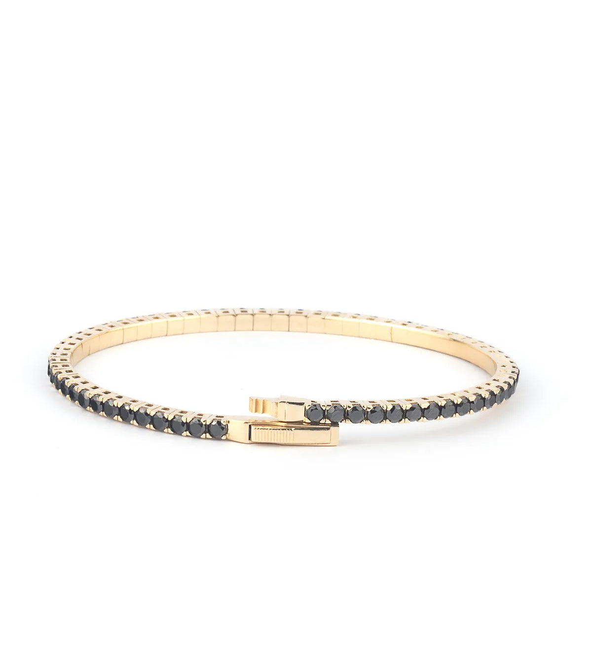 Elegant 14K gold tennis bracelet adorned with Onyx, featuring a secure clasp and a sleek design for a luxurious look."
