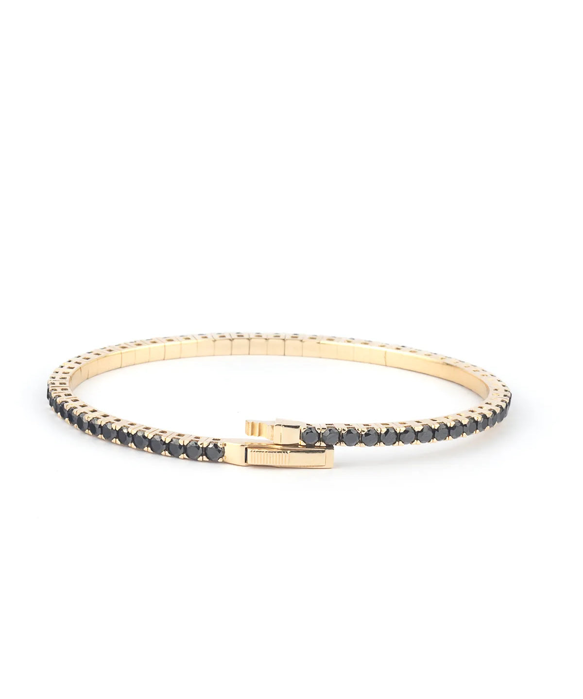 Elegant 14K gold tennis bracelet adorned with Onyx, featuring a secure clasp and a sleek design for a luxurious look."
