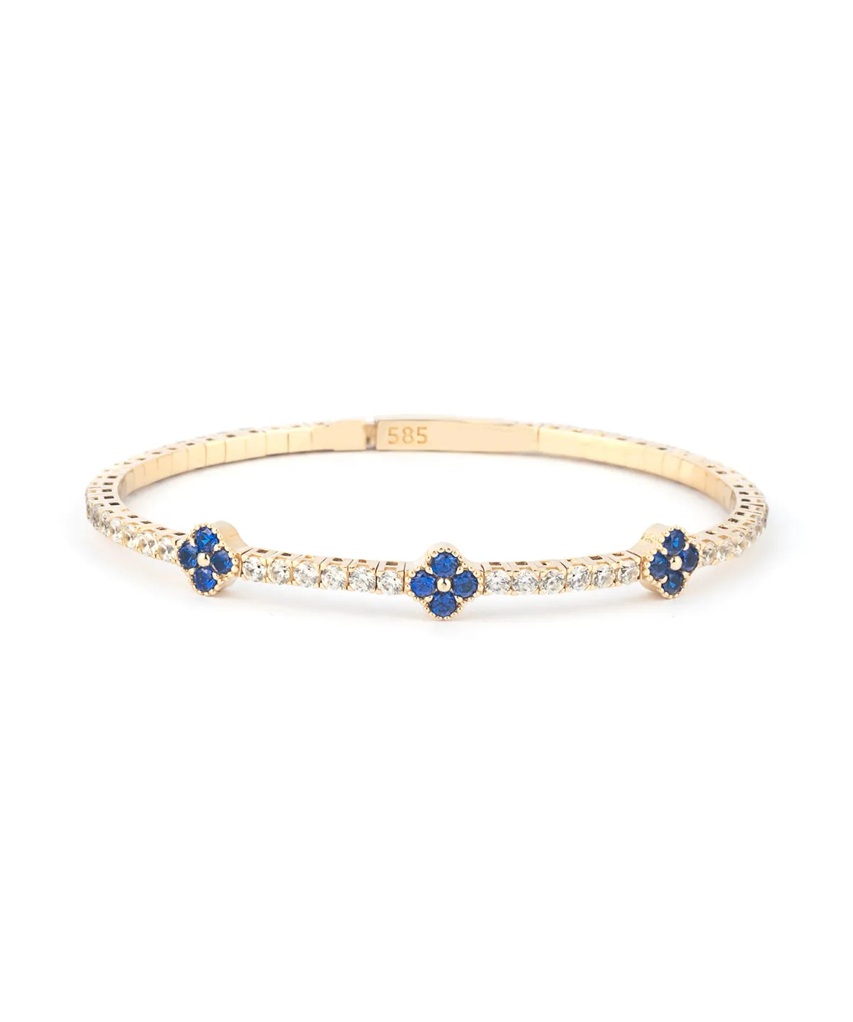 A beautifully handcrafted 14K gold bracelet adorned with vibrant blue sapphire floral embellishments and premium moissanite stones.