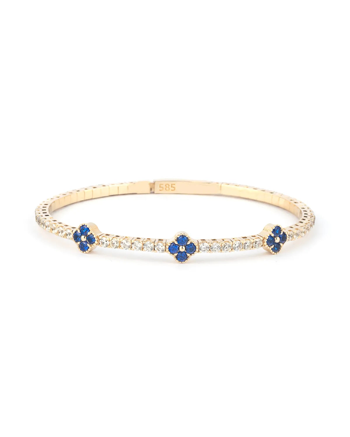 A beautifully handcrafted 14K gold bracelet adorned with vibrant blue sapphire floral embellishments and premium moissanite stones.