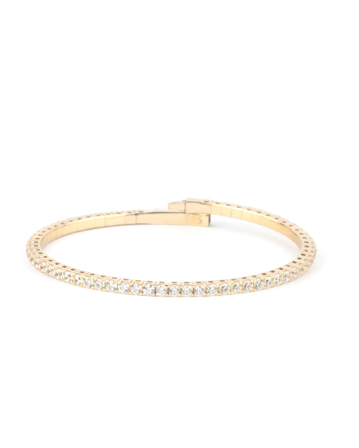 A refined gold diamond tennis bracelet with a secure clasp, displayed on a white background to highlight its brilliance.