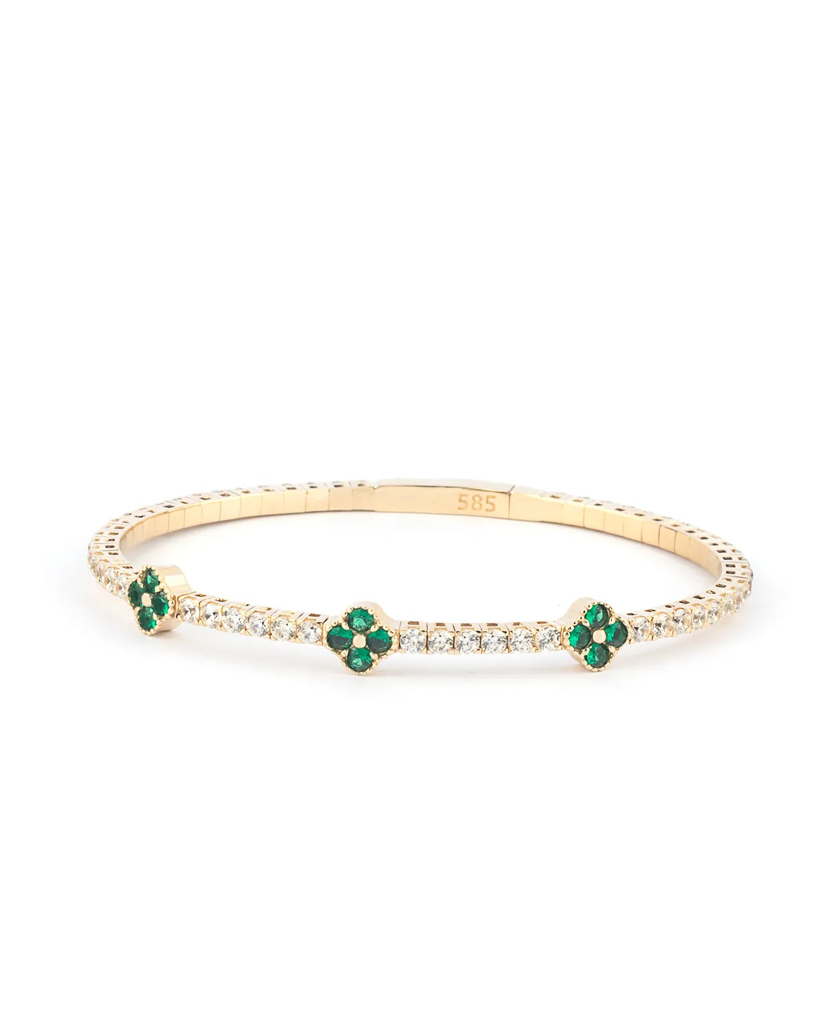 Elegant 14K gold tennis bracelet adorned with sparkling white and green gemstones in a clover design, perfect for refined everyday wear."
