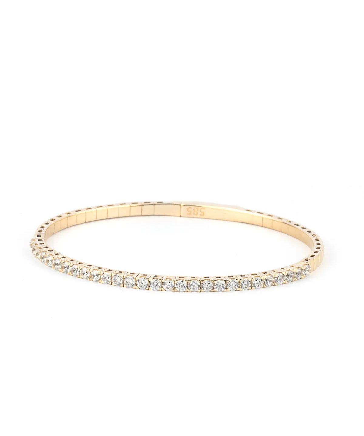  A close-up of a gold moissanite tennis bracelet, showcasing its radiant sparkle and timeless appeal against a neutral background.