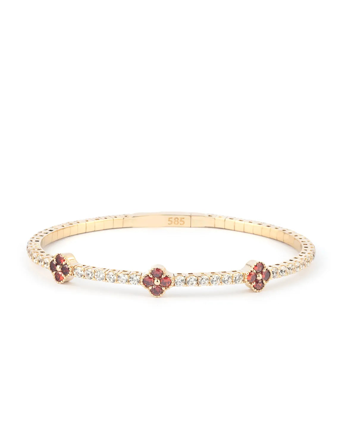 A luxurious 14K gold flexible bracelet featuring deep red ruby stones and sparkling moissanite diamonds, perfect for elegant women’s jewelry.