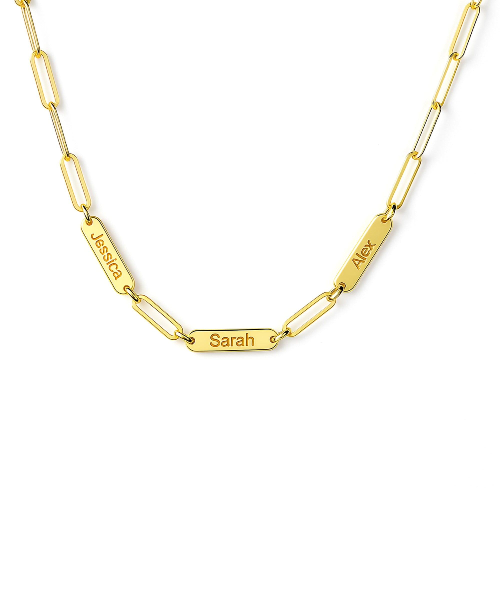 Gold chain necklace with engraved names on a white background