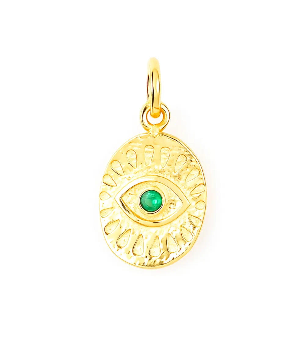 Gold pendant with a green gemstone on a white background