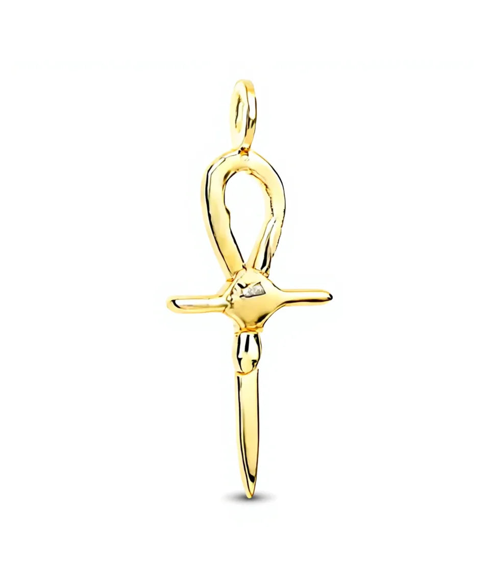 Gold pendant shaped like a stylized sword on a white background
