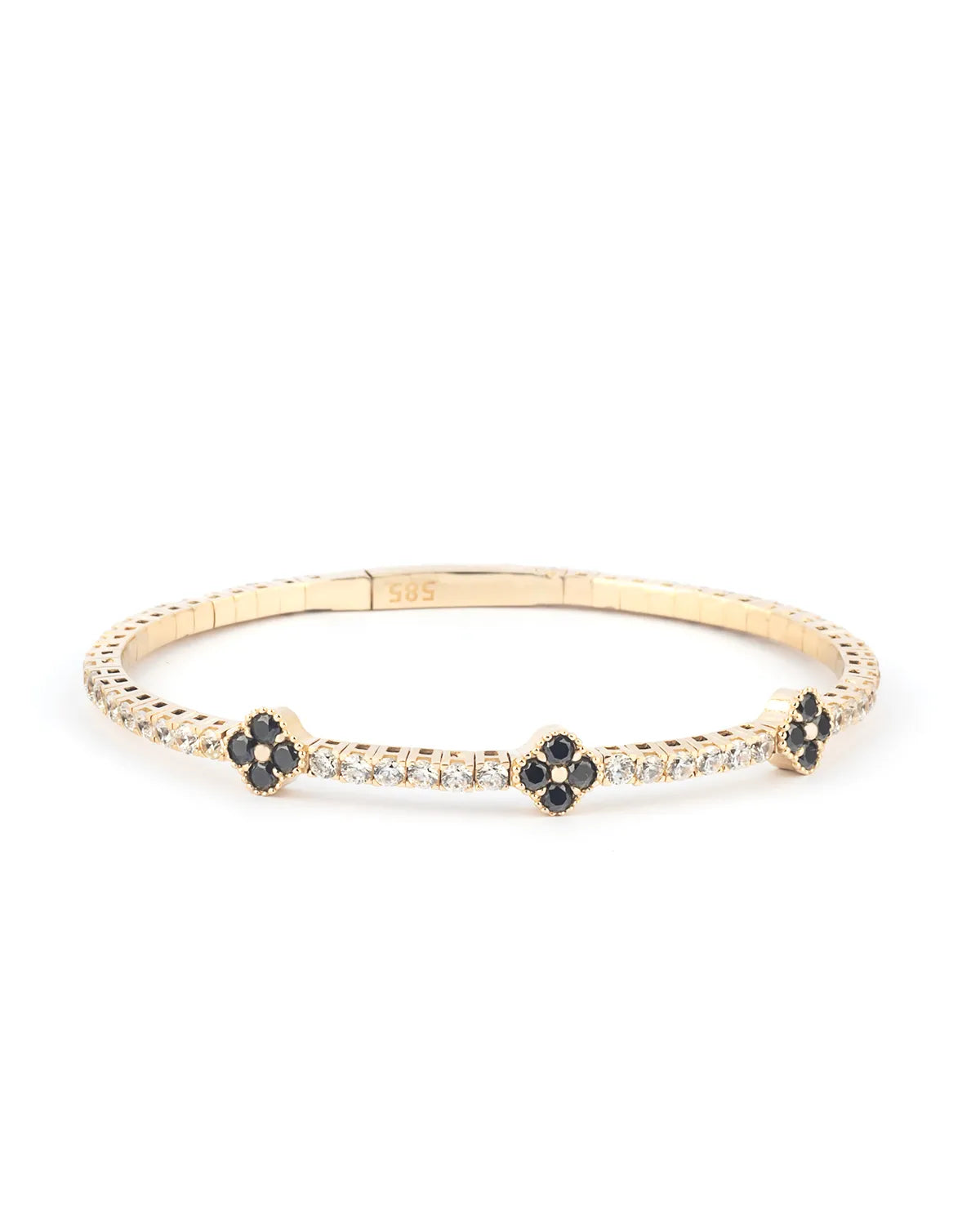 A flexible and stylish black onyx bangle bracelet made of 14K gold,3 clover bracelet
