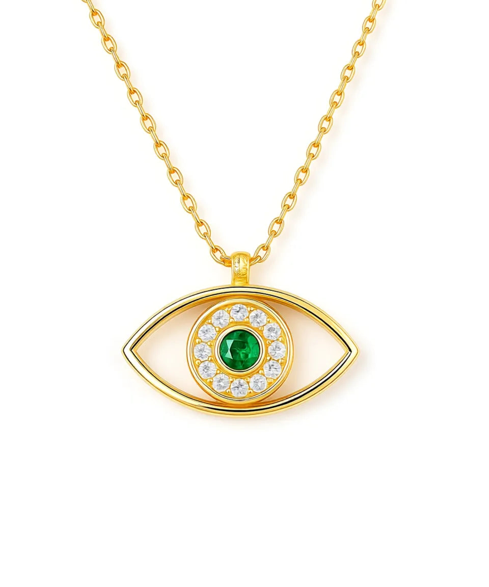 Gold necklace with an eye-shaped pendant featuring a green gemstone on a white background