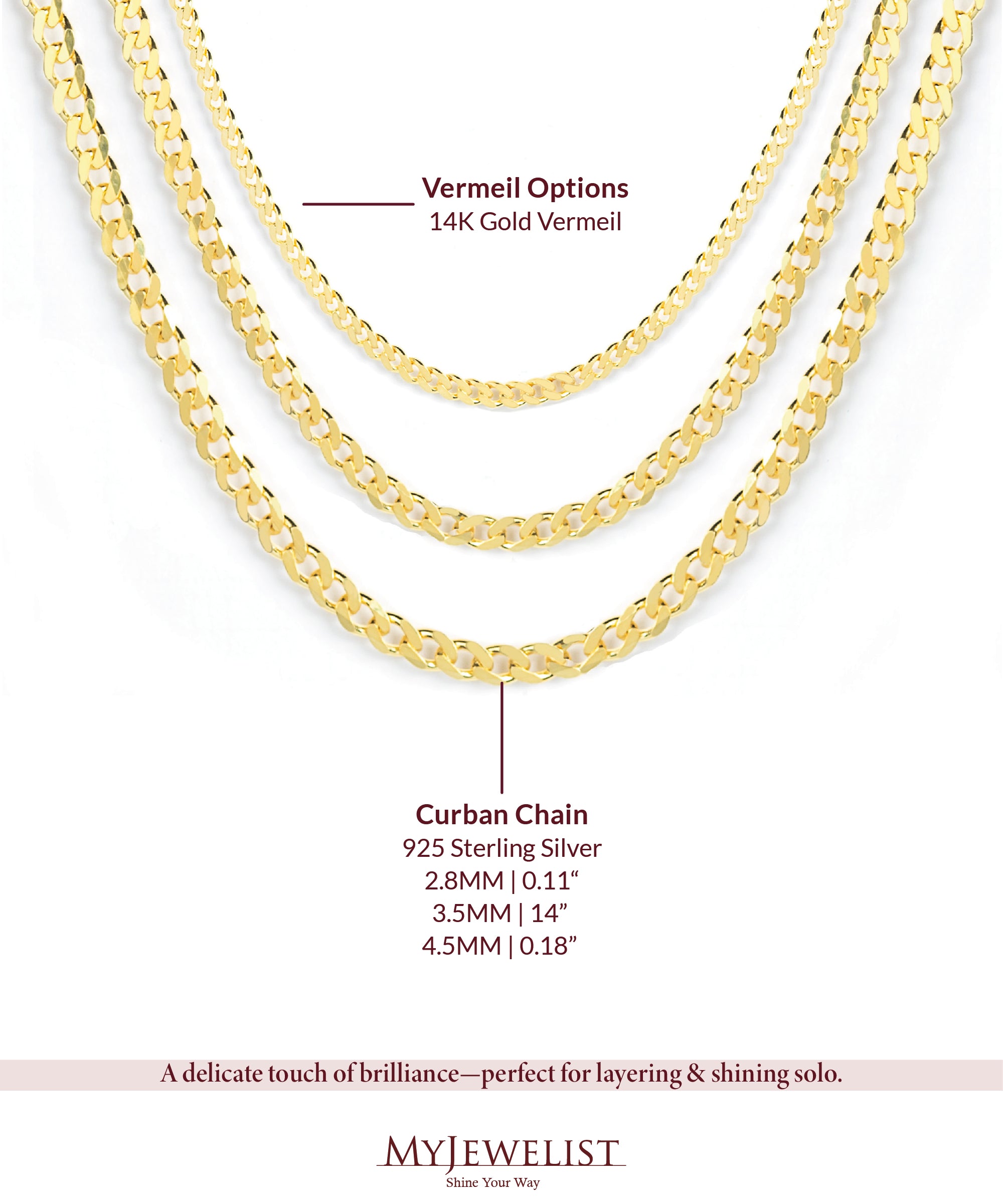 Three gold chain necklaces with size options on a white background.| MyJewelist