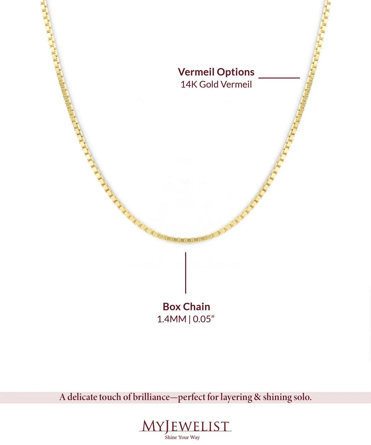 Gold box chain necklace on a white background with text details.| MyJewelist