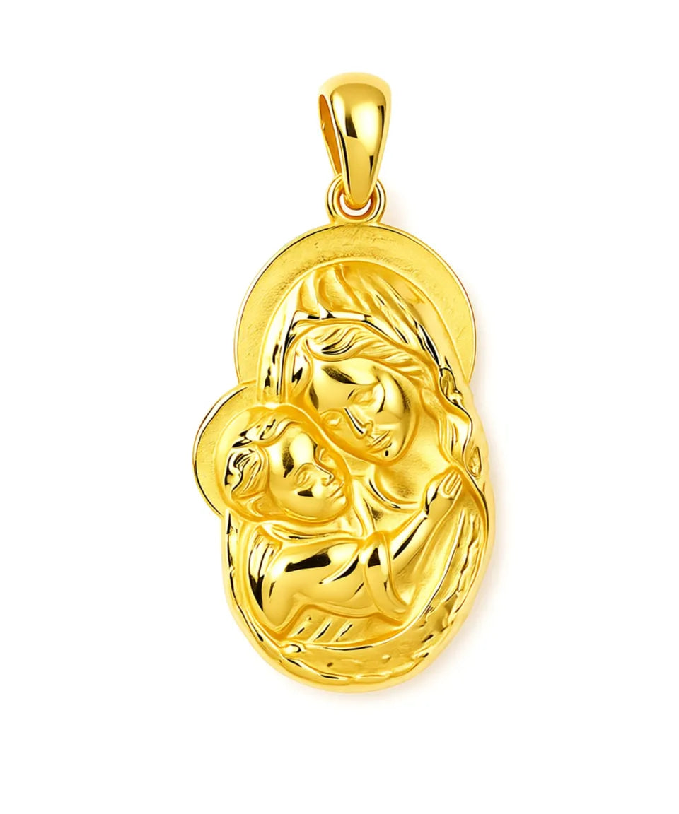 Gold pendant with a religious design on a white background