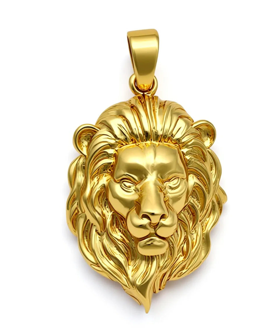 Gold lion head pendant on a white background