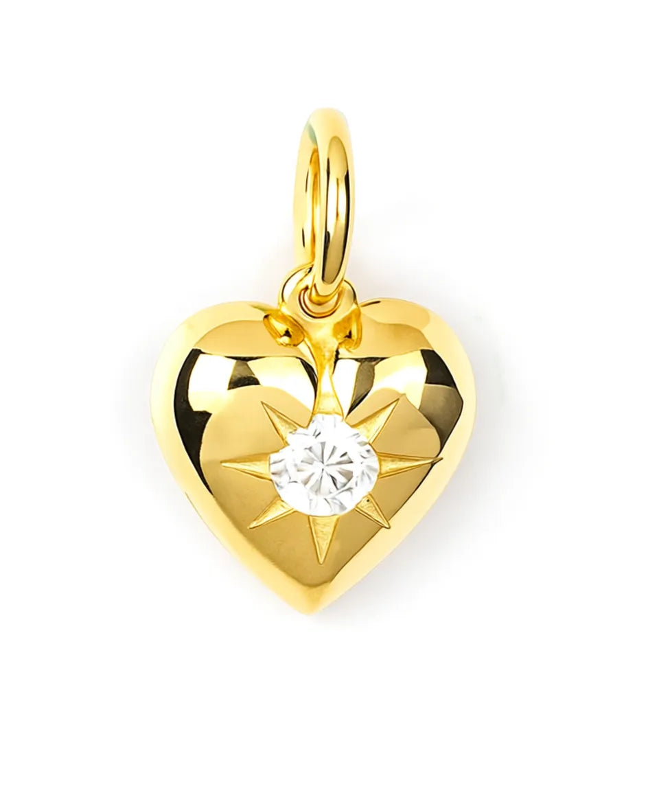 Gold heart-shaped pendant with a diamond on a white background