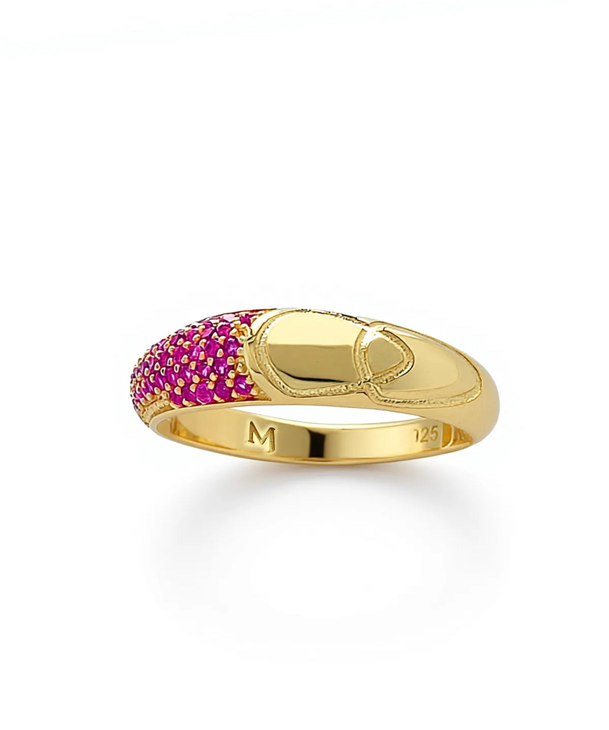 Gold ring with pink gemstones on a white background