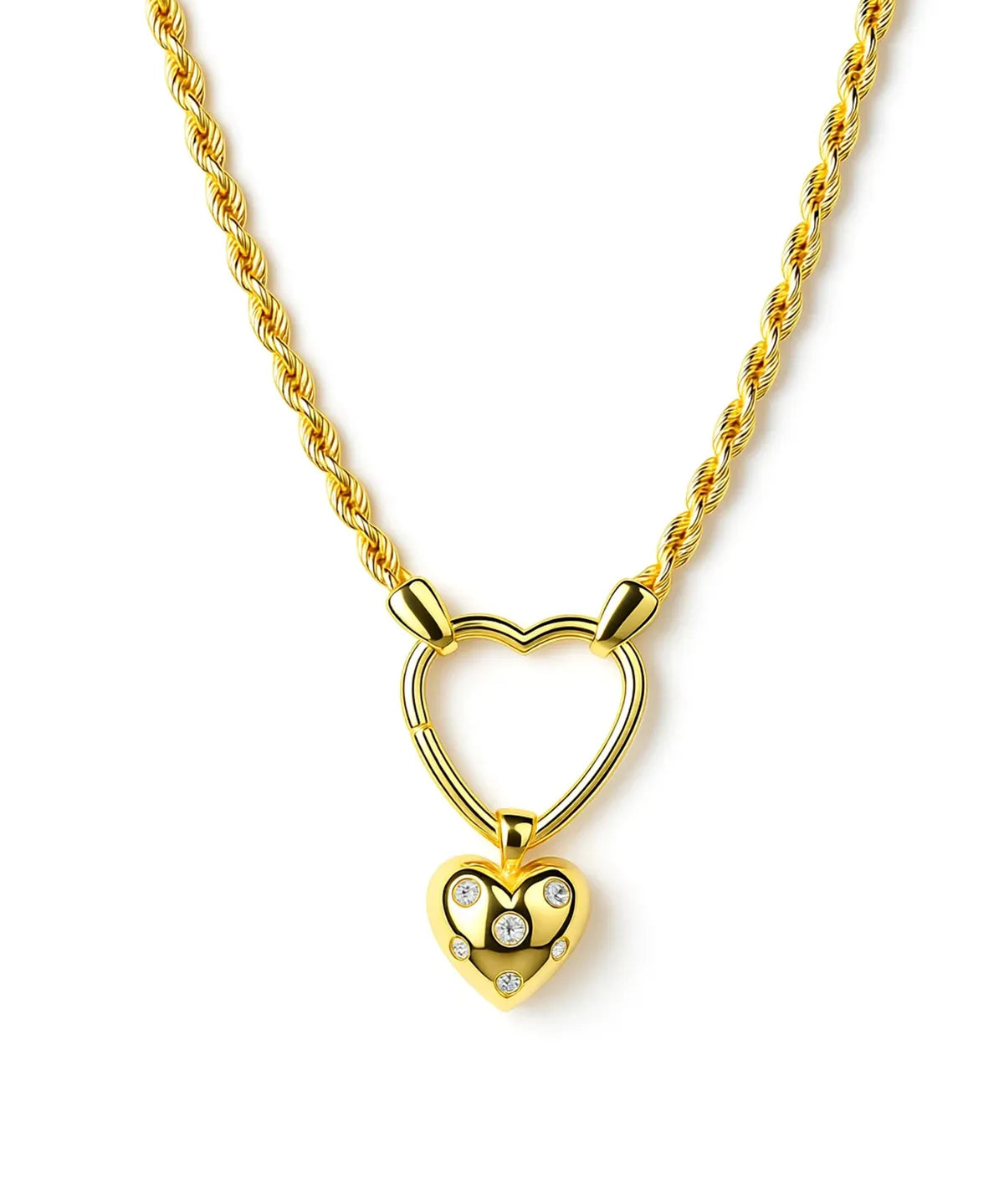 Gold heart-shaped necklace with a small heart pendant on a white background