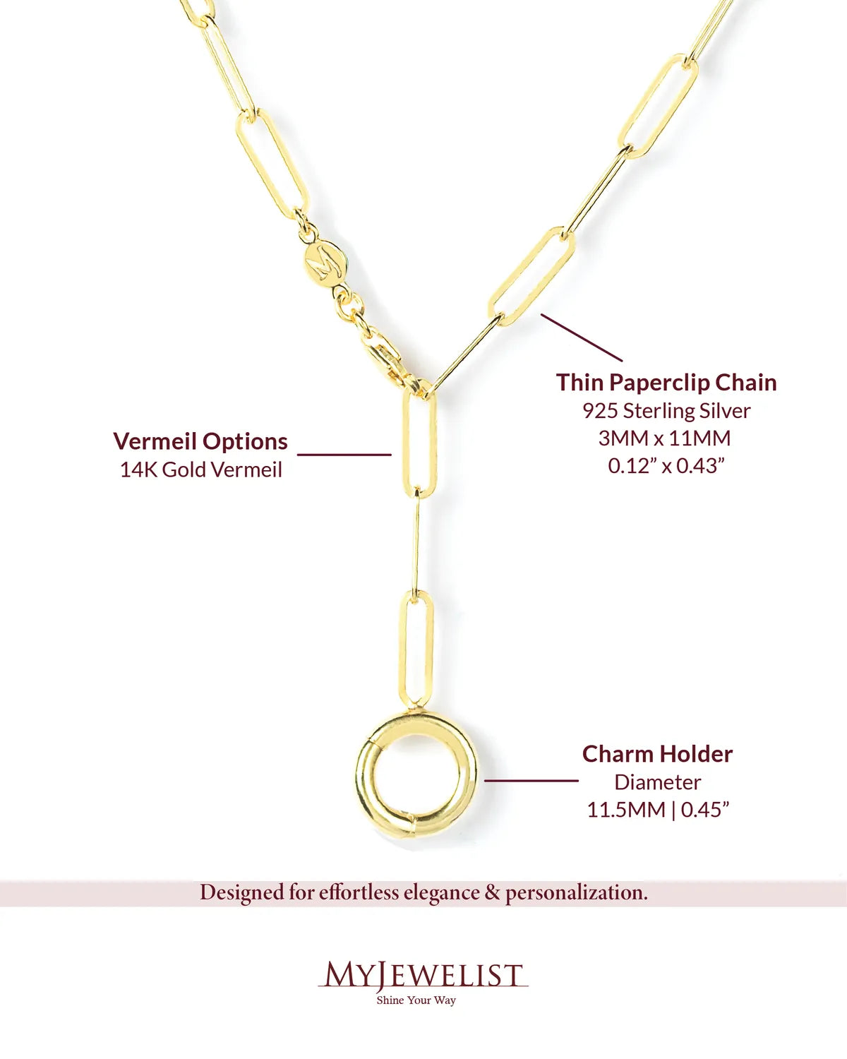 Gold Vermeil Paperclip Lariat Charm Holder Necklace - My Jewelist