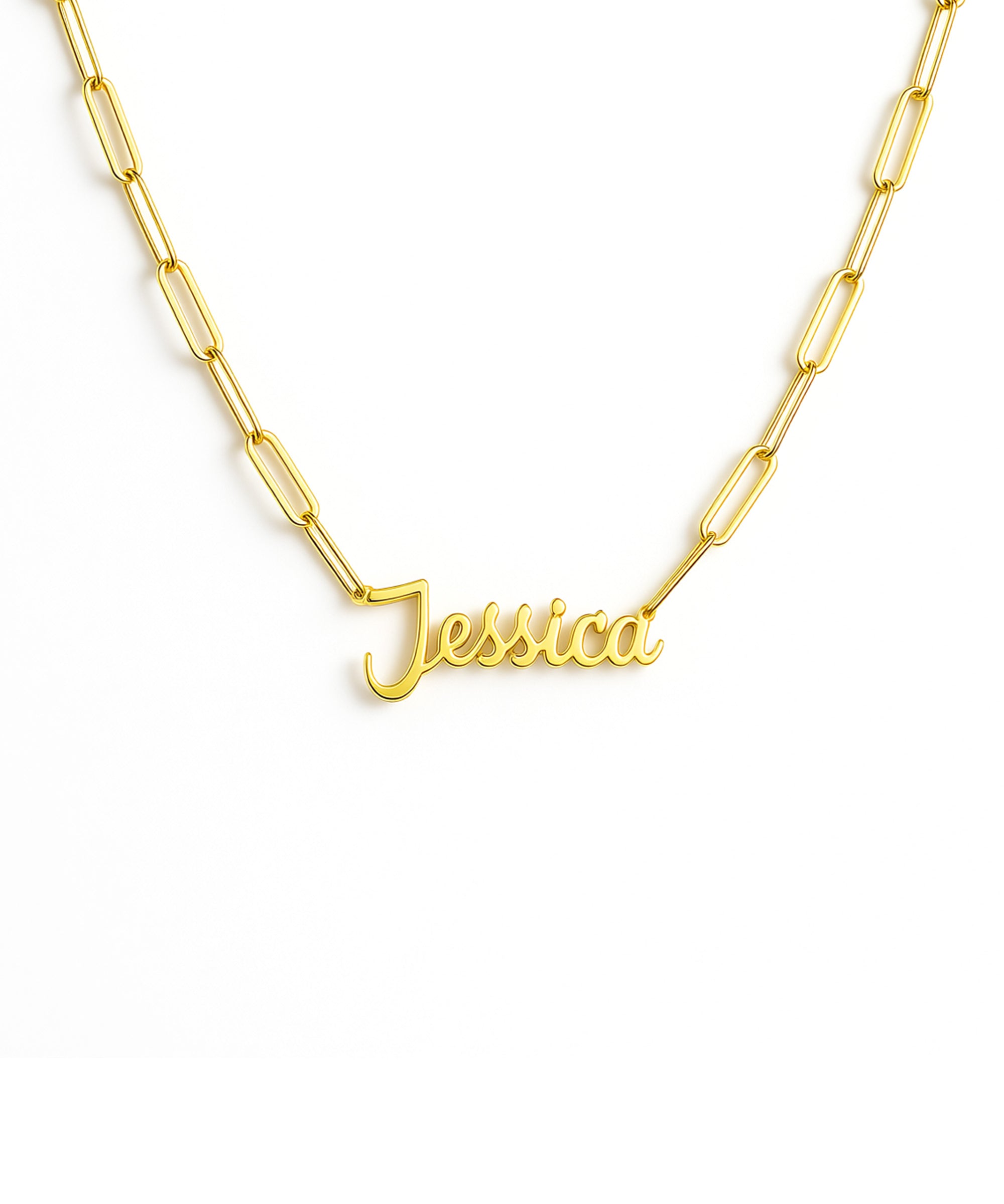Gold necklace with 'Jessica' pendant on a white background