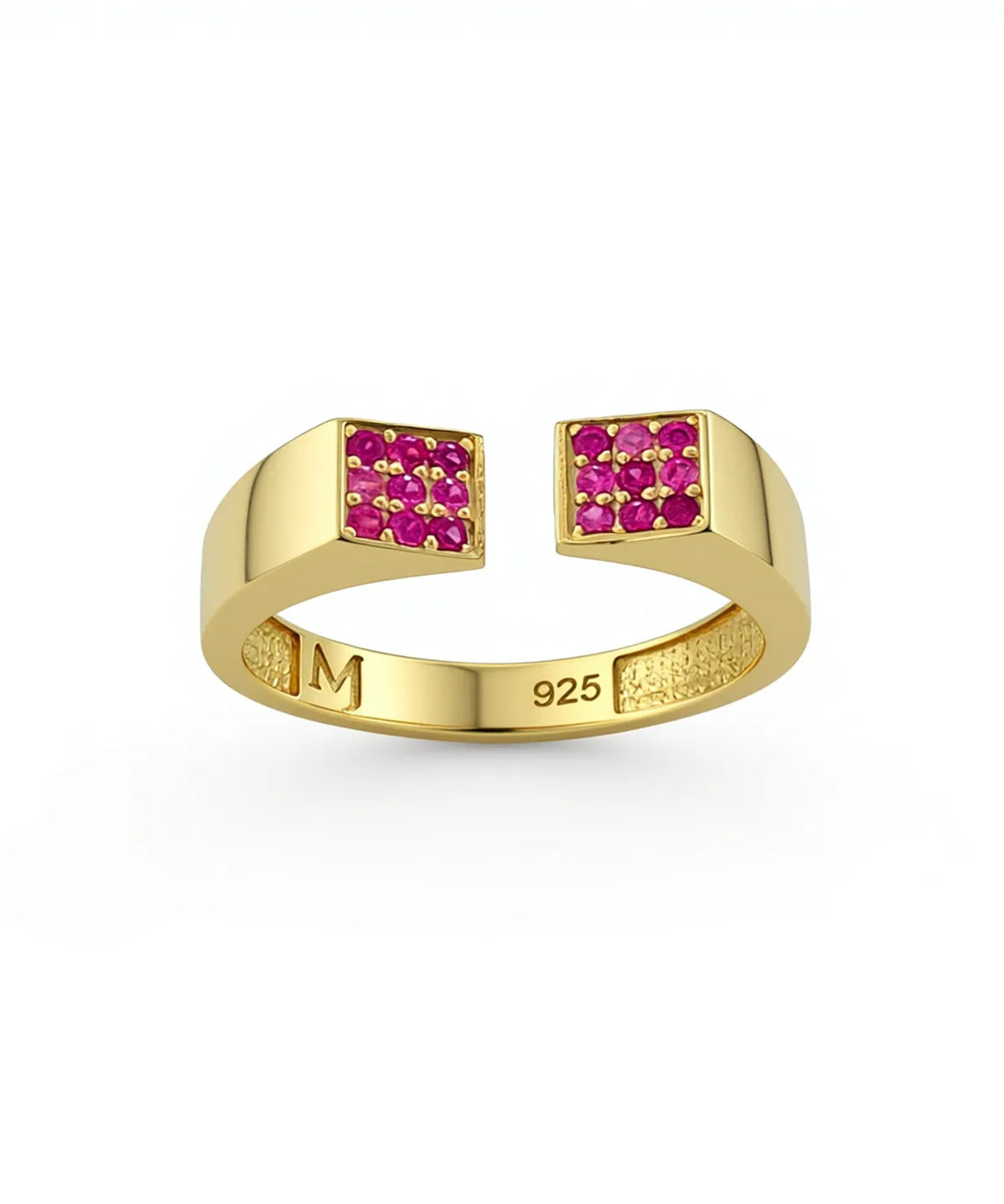 Gold ring with pink gemstones on a white background.| MyJewelist
